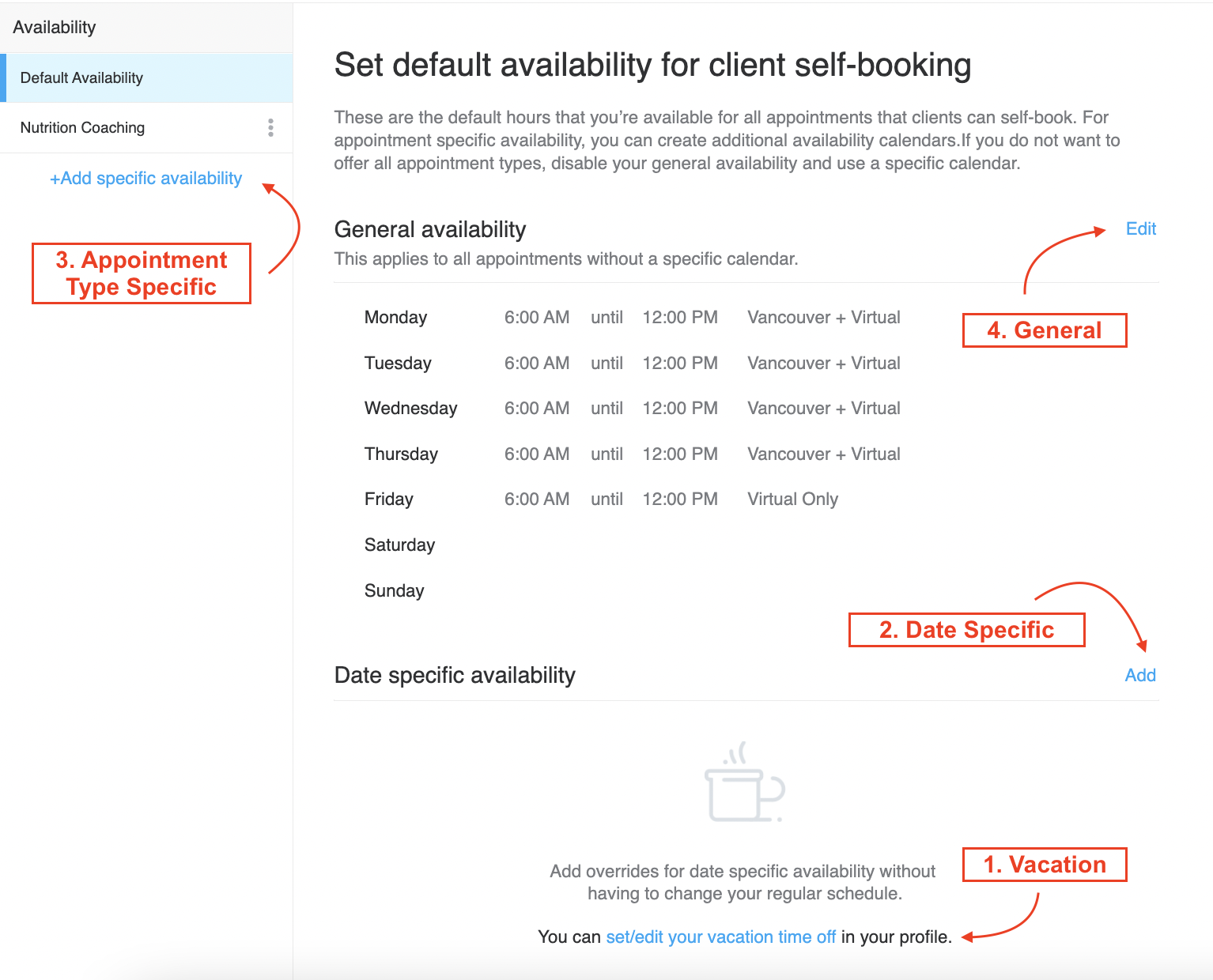 Setting your calendar availability for client self booking Trainerize